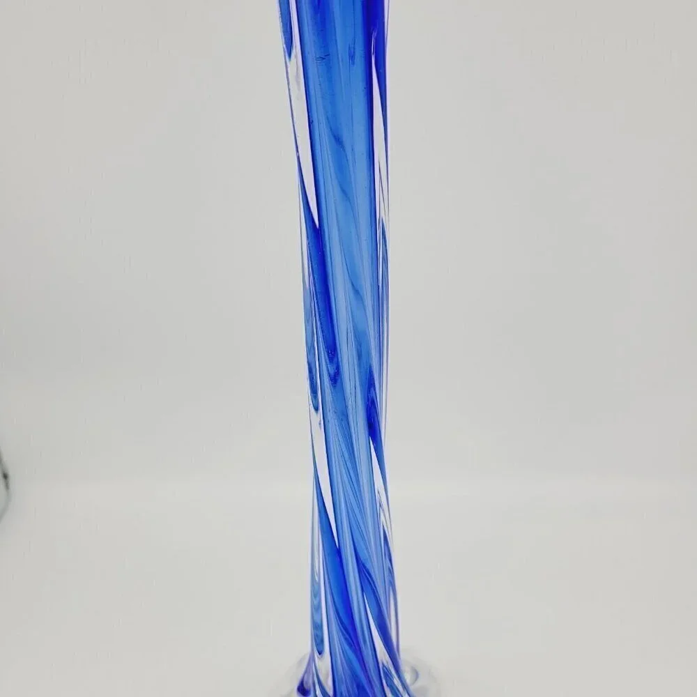 Vintage Cobalt Blue Encased Twisted Blue Art Glass Vase Elephant Foot Base 11.5